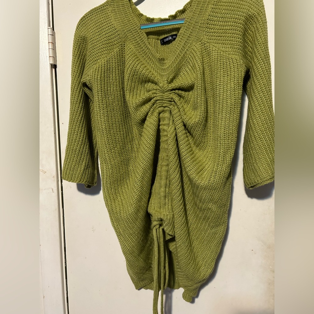 Plus Off Shoulder Drawstring Ruched Front Ribbed Knit Sweater Dress - Picture 3 of 4